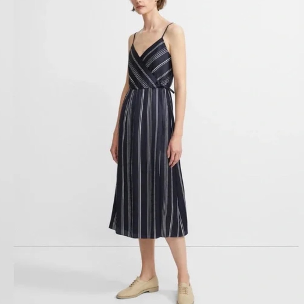 Theory Hammered Navy/White Stripe Spaghetti Wrap Silk Dress - Size 4